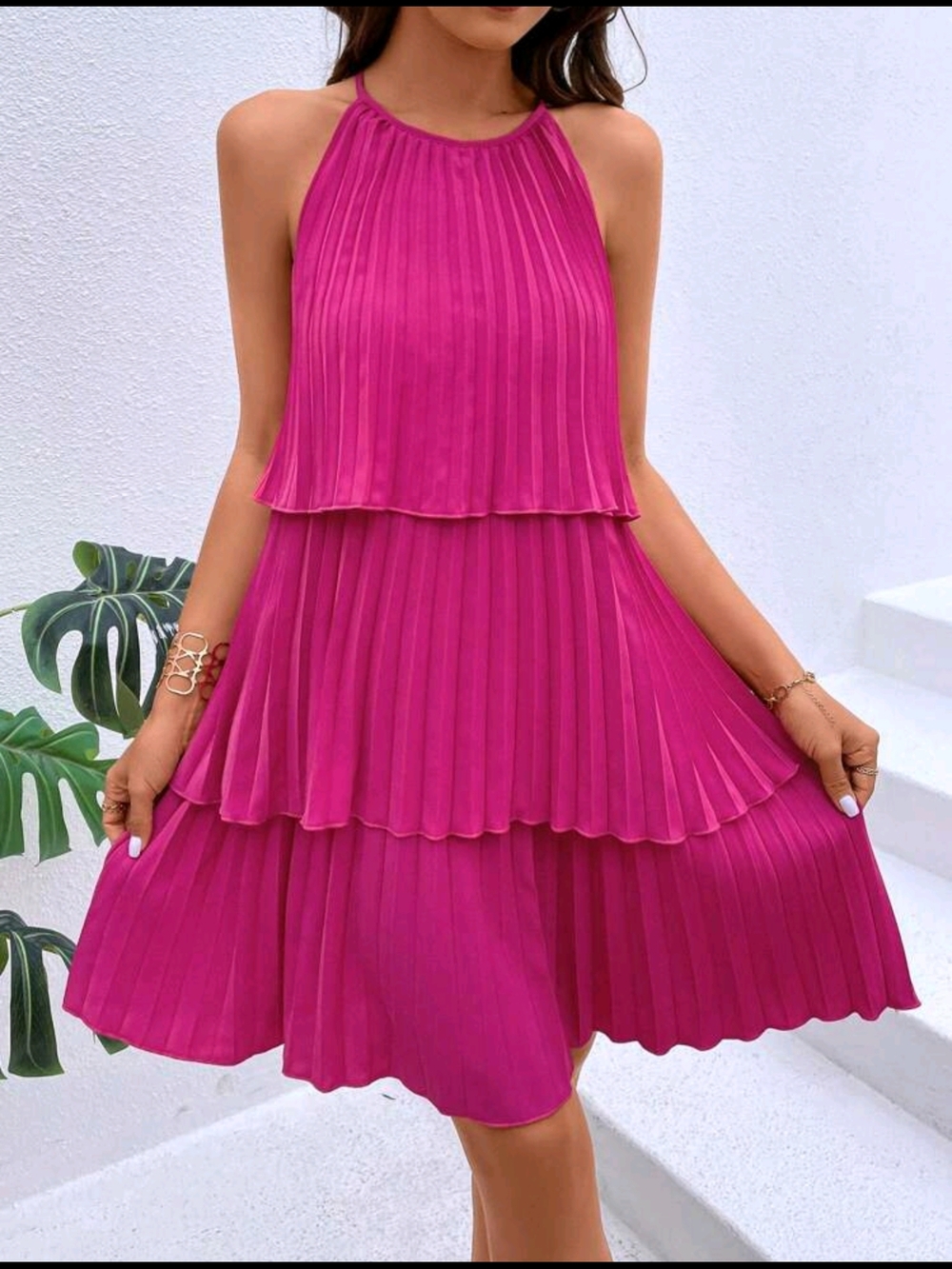 Halter Neck Pleated Mini Dress in Fuchsia